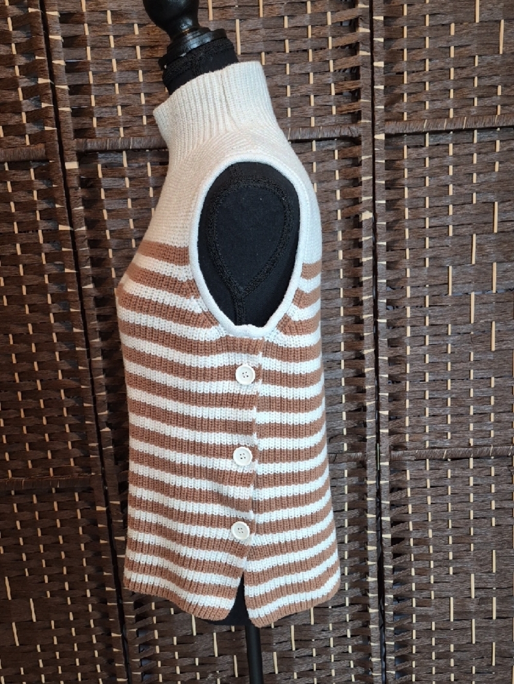 Design History Cream and Brown Striped Sleeveless Turtleneck Knit Vest - Picture 4 of 6
